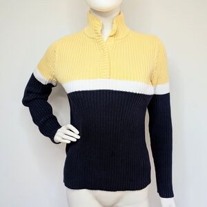 Vintage 90s Light Yellow, Navy, & White Striped Mock Neck Ribbed Knit Sweater